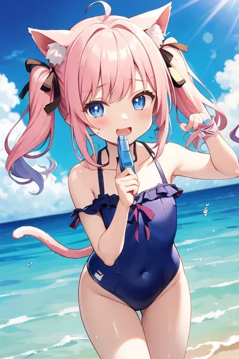 Kizi、cute、yandere、to die、idol、、swindler、cute、Motley purple and blue eyes、pink  hair、long hairstyles、twintails、Cats ear、big ribbon、cute、damaged、olhos marejados、Heart，ssmile、be happy、Cheeks red、ocean、swimsuit dress、water gun、throwing、Playing in the water