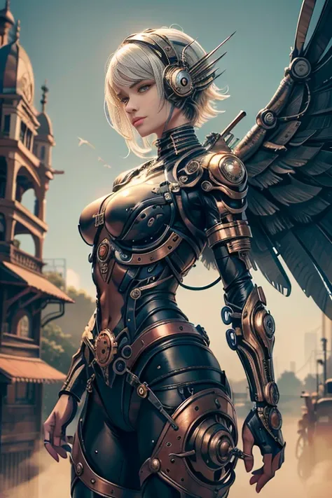 Mechanical human bird angel hybrid. Face is of a mechanical bird, body of a human, and wings of a bird, gears, wires, metal plating, clock gears, electric wires, mechanical limbs, industrial body, metal skin, electricity, mechanical bird wings, detailed fa...