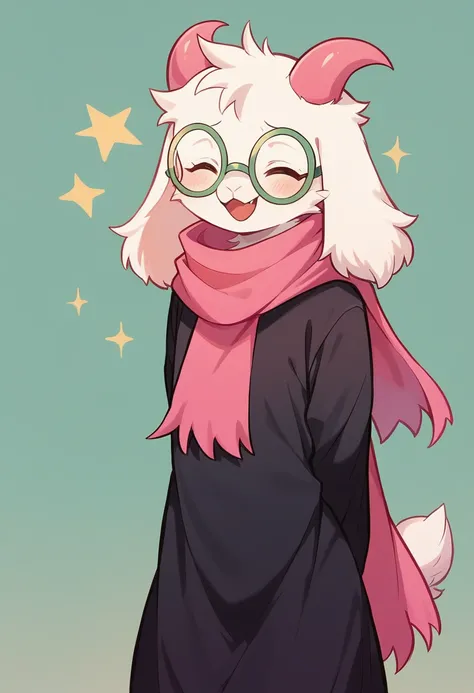 {{artist: %Zankuro%}} (score_9, score_8_up),furry, fur, face, Ralsei(deltarune), goat, white fur, pink horns, black sleeves, cute, green glasses, hatless, green shirt, standing, arms behind back,pink scarf,closed eyes, happy