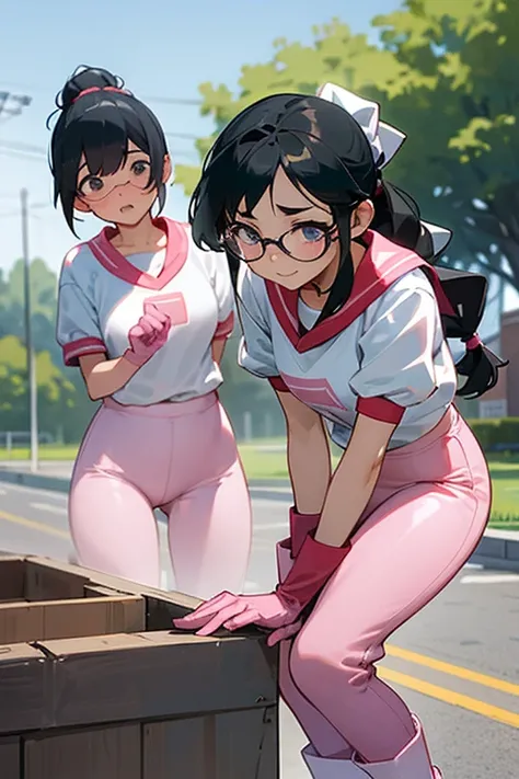 Two high school girls with glasses and black hair tied up, wearing short-sleeved gym clothes and long pants, wearing long pink rubber gloves and white rubber boots, cleaning up a schoolyard in midsummer