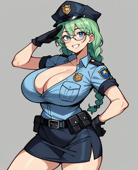 One Woman、Braided twin tails、Huge breasts、（Huge breasts：1.8)、Glasses、blue eyes、Green Hair、My hair is messy, Black gloves, White socks, Police uniform, Black Skirt, Short sleeve, Cowboy Shot, salute, Put your hands on your hips,smile,