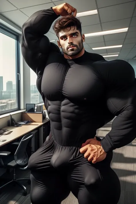 Indian 30 years old muscular bodybuilder business man, award-winning perfect photo of a bodybuilder man, tight fittted black flight suit with black accents with huge bulge, brown hair falling on his face, (beautiful black eyes:1.35), square jawline, asymme...