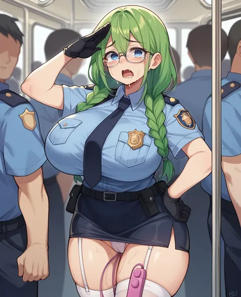 One Woman、Braided twin tails、Huge breasts、（Huge breasts：1.8)、Glasses、blue eyes、Green Hair、My hair is messy, Black gloves, White socks, Police uniform, Black Skirt, Short sleeve, Cowboy Shot, salute, Put your hands on your hips,close your eyes, Tears in the...