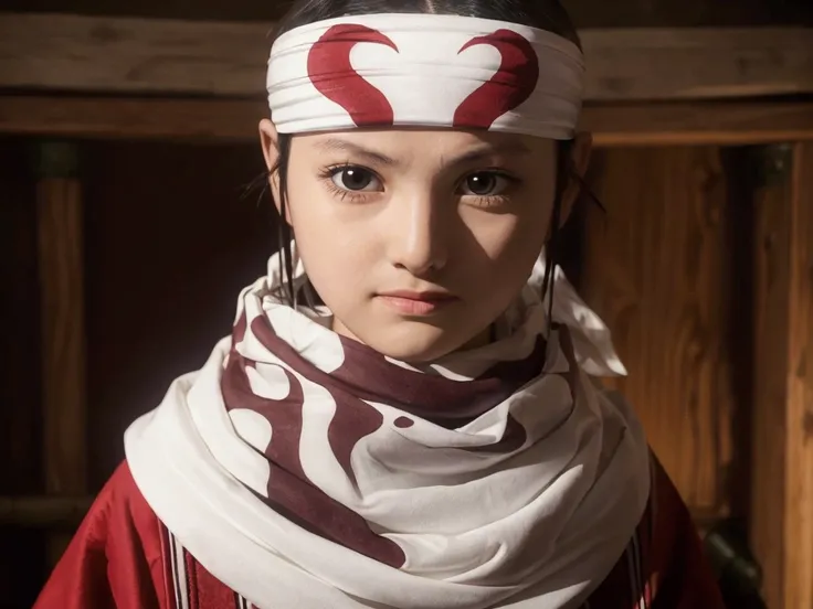 child standing bandana on forehead cowl kyoukai sweet child guarding small room sentry cowboy shot evil smile