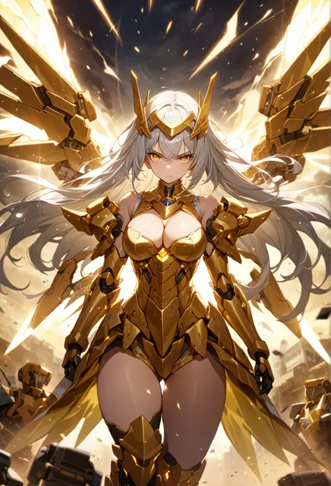 score_9_up, score_8_up, score_7_up, source_anime,masterpiece, best quality, high resolution, extremely detailed CG, absurdres, highres, 1girl, solo, a mecha girl in golden armor with glowing mecha_wings fights at battlefield, ((body surrounded by yellow Ba...