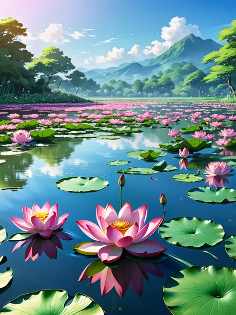 Painting of a bunch of pink flowers floating on top of a body of water, anime beautiful peace scene, lotus flowers on the water, water lilies, anime nature wallpap, lotus petals, field of fantasy flowers, lotus pond, anime scenery, anime nature, lotus flow...