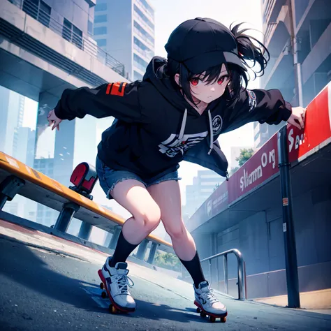 One woman((Skateboarders,Black hoodie)) background,(driving range,concrete) Wear a cap or have a hat,Skateboarding Woman,(Black Hair,Side Ponytail,Red eyes,Super Shine) Anime Style,Overall view Wind blowing Low angle