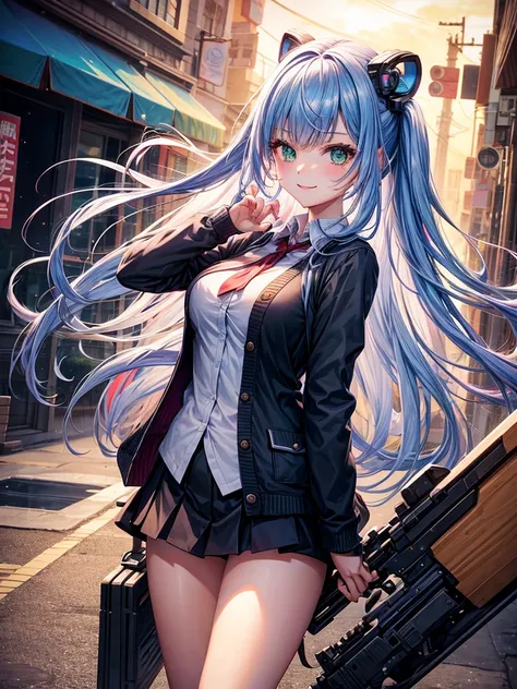 middle School girls，smile，Beautiful girls，Beautiful girl from another world，Gun of the Future，Girl holding a giant bazooka in her hand，The best quality to get you horny，Psychic，Wizard，battle，Colorfulな髪色，Perfect Girl，Super cute girl，Cyberpunk Background，Cut...