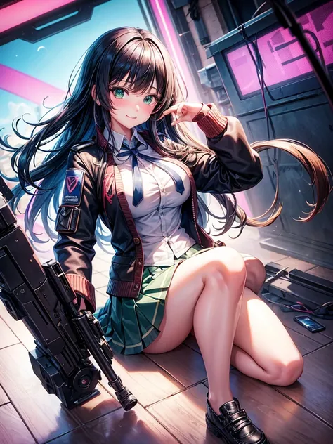 middle School girls，smile，Beautiful girls，Beautiful girl from another world，Gun of the Future，Girl holding a giant bazooka in her hand，The best quality to get you horny，Psychic，Wizard，battle，Colorfulな髪色，Perfect Girl，Super cute girl，Cyberpunk Background，Cut...