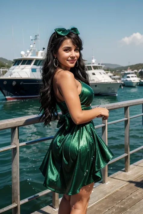 16 year old girl, (green eyes), facing forward, full body, looking at viewer, fit body, black hair (long), wavy hair with a bow with sparkles and diamonds, smiling, mischievous smile, tight and shiny dress in gypsy Romani style with bows and sparkles, earr...