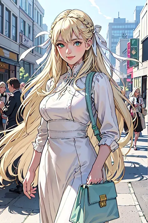 Only one female, (Explore the city), (Stylish clothing) (Fresh clothes), 16-year-old girl, /Braiding,,  Blonde long hair,Green Eyes,  White Hair Ribbon,A kind smile, (Masterpiece Top quality:1.2) Delicate illustrations, super detailed, large breasts break ...