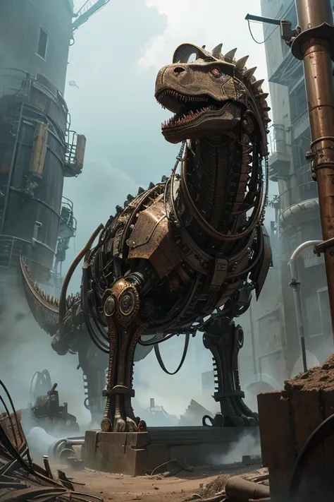 mechanical anthropomorphic dinosaur, gears, wires, metal plating, clock gears, electric wires, mechanical limbs, industrial body...