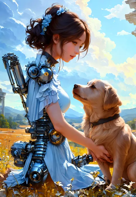 a girl with mechanically blended legs and a pet dog with mechanically blended legs_mechanical arms, mechanical legs, machines, t...