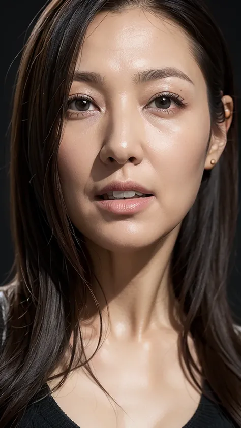 ((Highest quality)), ((8k)), ((masterpiece: 1.3)), (Perfect appearance), (Photorealism: 1.6), (JMA), (KE), (Genuine:1.4), 1 Mature Woman, Perfect Anatomy, close up portrait of face, 70 years old, Medium Long Hair, Small, (Pitch black background:1.2),