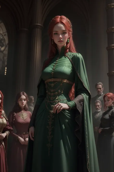 {-erro_de_anatomia:1.0} woman 40 years old, victorian era, queen clothes, (green dress), dark castle, a woman (alicent hightower...