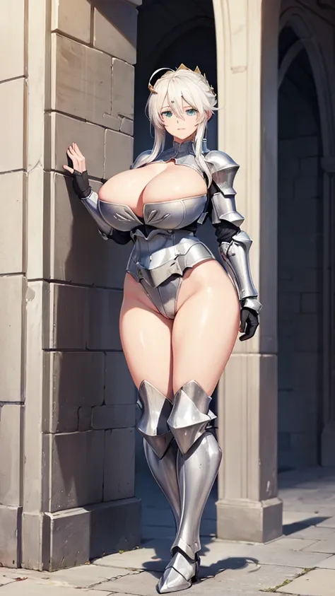 Adult female with white hair and big breasts，cleavage，slim figure，Queen，black knight armor，iron skirt，Bare legs，iron boots，Standing，castle