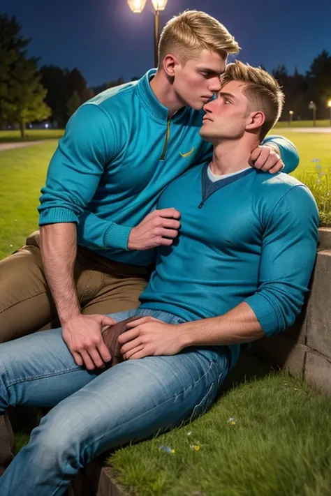 Two men, photo realistic.  A 16-year-old, handsome, lean man with short-cut, blond hair and blue eyes, wearing a brown sweatshirt, and khaki pants, sitting in the lap of a 17-year-old, handsome, athletic, Caucasian man with short, shaved brown hair, and bl...