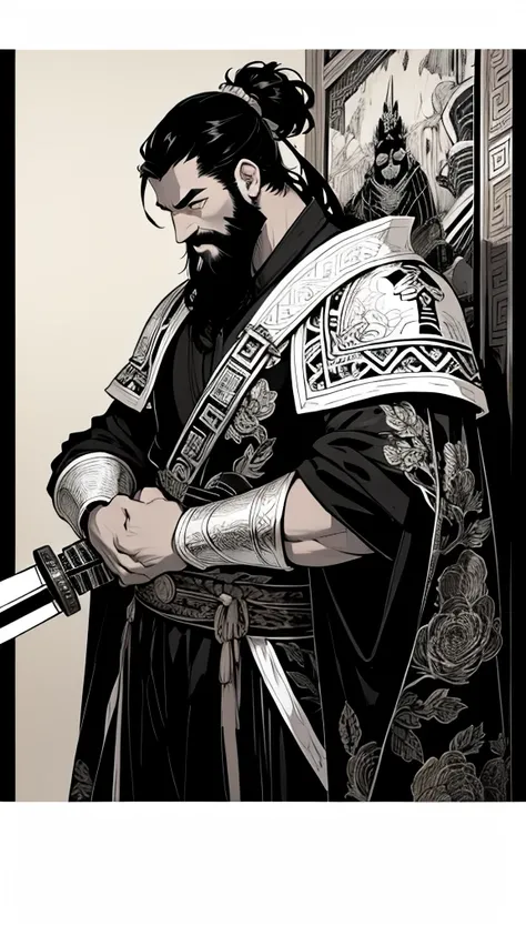 (((集中線のMonochromeイラスト)))、(((Monochrome)))、,Oriental、Men in ancient Chinese costumes、(ancient chinese hairstyle male)、As seen in the Romance of the Three Kingdoms々military commander、(Highest quality、masterpiece、Ultra-high resolution)、(Long beard)、(Embroider...