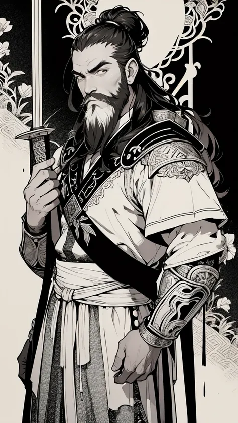 (((集中線のMonochromeイラスト)))、(((Monochrome)))、,Oriental、Men in ancient Chinese costumes、(ancient chinese hairstyle male)、As seen in the Romance of the Three Kingdoms々military commander、(Highest quality、masterpiece、Ultra-high resolution)、(Long beard)、(Embroider...