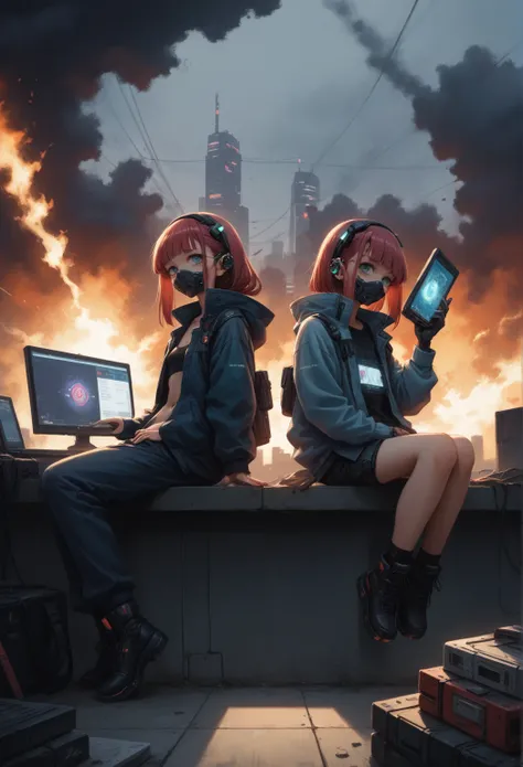 anime characters sitting on a bench with their laptops in front of a fire, digital cyberpunk anime art, anime style 4k, digital cyberpunk - anime art, cool anime 8k, anime cyberpunk art, Anime Art Wallpaper 4k, anime art wallpaper 4k, cyberpunk anime art, ...