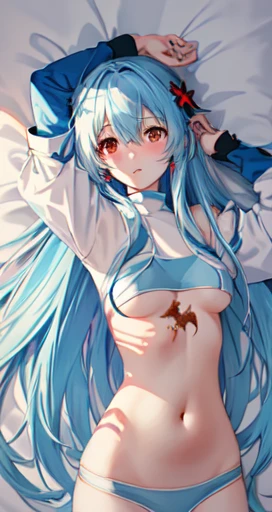 High quality anime style，White Forest，Cute girl，Blue long hair with red highlights，belly button，groin，shy，Naked zombie girl，Seriously injured，Open Rendering