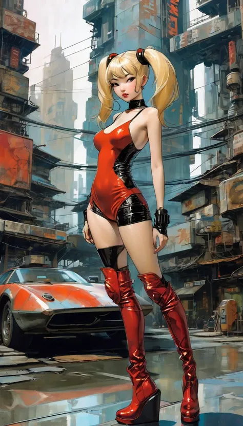 Future sexy asian blonde girl with twin-tails in a futuristic city.1.5, rusty metal city, lots of details, cars, buildings, billboards, nude and very tight tank top, red latex thigh high stocking extreme-highheel-wedge boots , standing pose (Dave Mckean in...