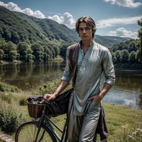 A stunning high-quality photograph of a dashing young man, showcasing his clean face and shaggy hair. He is dressed in intricate, styled clothing inspired by Final Fantasy. The young man is seen gracefully mounting a vintage bicycle on a lush green hillsid...