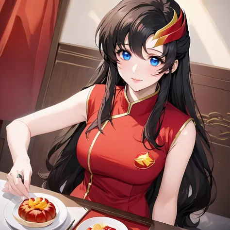 ((Highest quality)), ((masterpiece)), (detailed), （Perfect Face）、The woman is a Chinese Lacus Clyne with blue eyes and medium-long black hair. She is wearing an engagement ring. She has become a member of the glorious Chinese Communist Party and has sworn ...