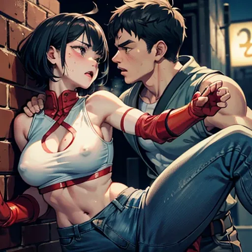 a male streetfighter is punching into female streetfighters face so hard in the backstreet. her face is cryshed by his punch. a bloody beautiful young Japanese female fighter is being beated terribly by a male fighter. She is slammed on the wall by the mal...