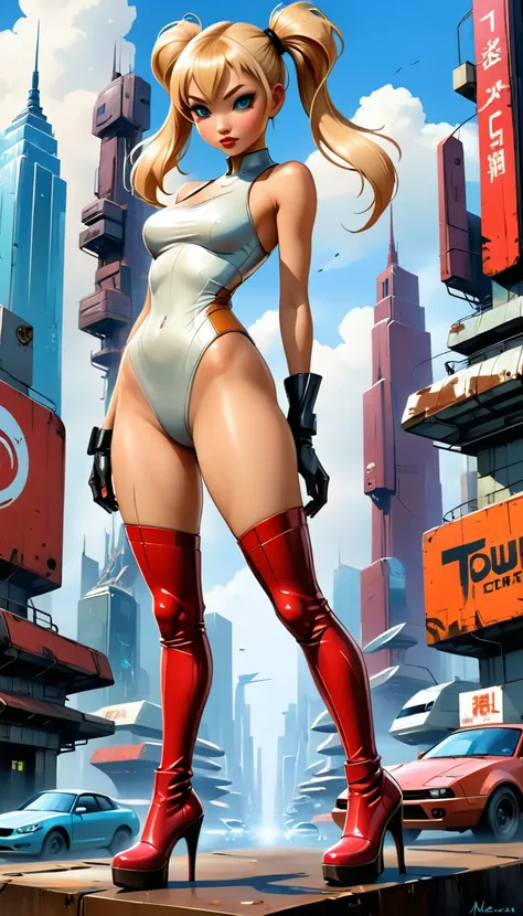 Future sexy asian blonde girl with twin-tails in a futuristic city.1.5, rusty metal city, lots of details, cars, buildings, billboards, nude and very tight tank top, red latex thigh high stocking extreme-highheel-wedge boots , standing pose (Dave Mckean in...