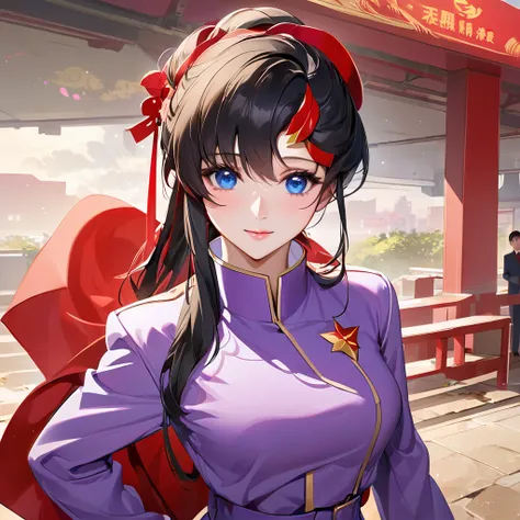 ((Highest quality)), ((masterpiece)), (detailed), （Perfect Face）、The woman is a Chinese Lacus Clyne with blue eyes and medium-long black hair. She is wearing an engagement ring. She has become a member of the glorious Chinese Communist Party and has sworn ...