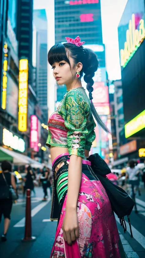 masterpiece, Highest quality, Wear unique Harajuku style clothing,The mint green colour stands out,Bold colors and patterns, Eye-catching accessories, Trendy and innovative hairstyles, Bright makeup, Dazzling cyberpunk cityscapes, Skyscraper, Neon Signs, L...