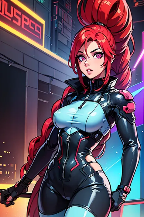 a beautiful redheaded girl with long afro-style braids, wearing futuristic oriental style clothing, urban setting, electric bass as sacred weapon of war, anime manga comic style, detailed face and eyes, beautiful detailed lips, highly detailed, 8k, photore...