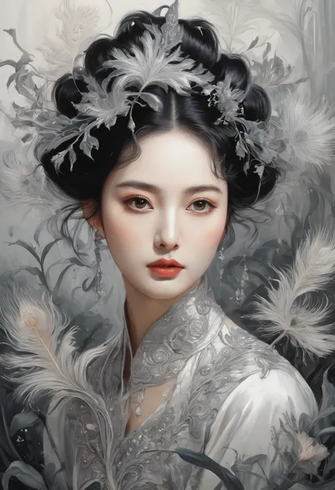 up-and-coming painting-style artwork, best quality, super fine, 16k, incredibly absurdres, extremely detailed, delicate, flashy and dynamic depiction, iridescent, beautiful woman, bewitching lady reminiscent of peacock, excited look, dandelions and Epiphyl...