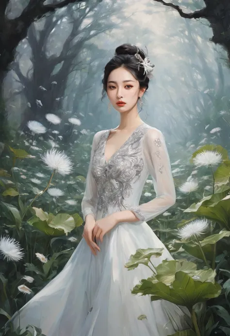 up-and-coming painting-style artwork, best quality, super fine, 16k, incredibly absurdres, extremely detailed, delicate, flashy and dynamic depiction, iridescent, beautiful woman, bewitching lady reminiscent of peacock, excited look, dandelions and Epiphyl...