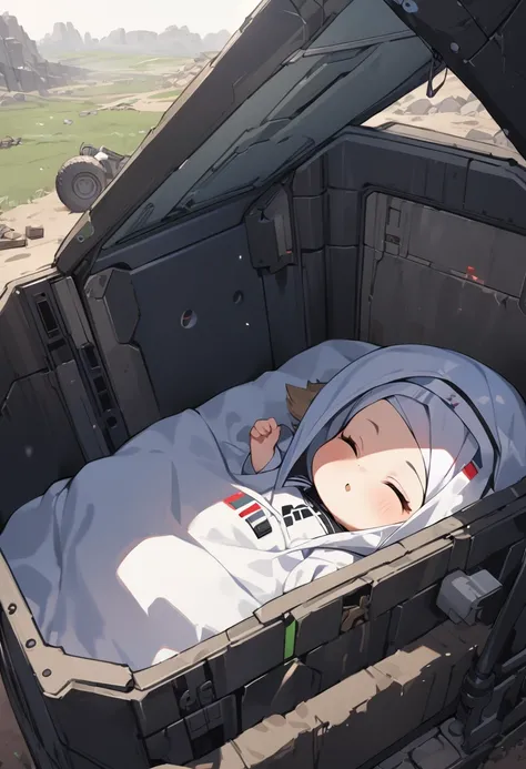 (masterpiece, best quality:1.1), (ultra highres, ultra-detailed:1.2),pop-style, Cute baby sleeping in a cradle,BREAK (cyberpunk nazi-uniform),(wasteland church,no mans land),