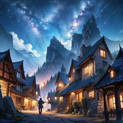 Village, montain, fantasy, boy, shooting star, landscape, 