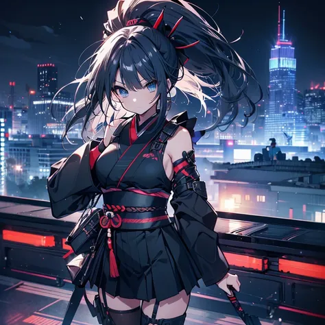 1 girl、Mature、Ample breasts、Long Hair、Blue Eyes、ponytail、ハイponytail、Ninja、Armament、kimono、Shoulder Bare、Miniskirt、Arm Covers、Pointed handbag、I dont want、Ninja、Black Mask、Battle Scenes、cool、Downtown、Night view、Rooftop、High resolution、Highest quality