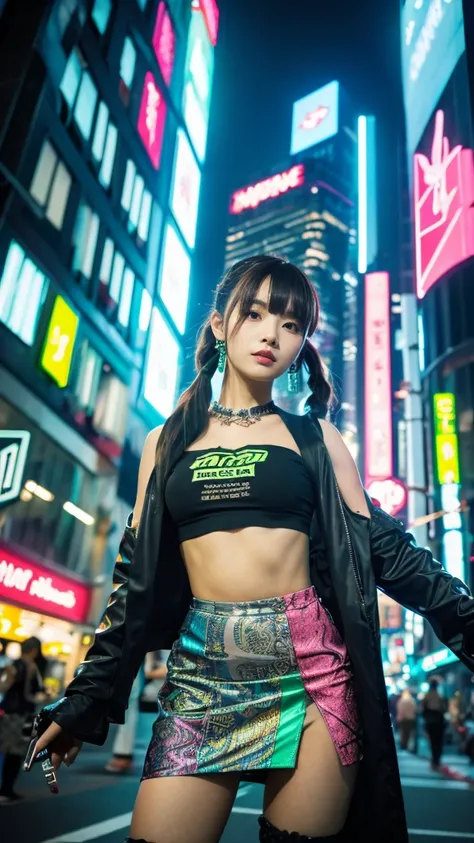 masterpiece, Highest quality, Wear unique Harajuku style clothing,The mint green colour stands out,Bold colors and patterns, Eye-catching accessories, Trendy and innovative hairstyles, Bright makeup, Dazzling cyberpunk cityscapes, Skyscraper, Neon Signs, L...