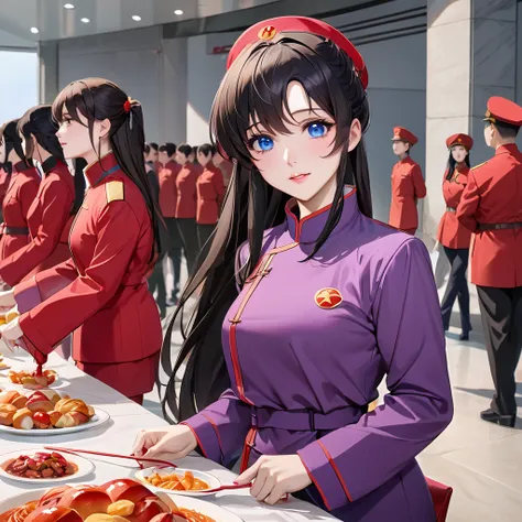 ((Highest quality)), ((masterpiece)), (detailed), （Perfect Face）、The woman is a Chinese Lacus Clyne with blue eyes and medium-long black hair. She is wearing an engagement ring. She has become a member of the glorious Chinese Communist Party and has sworn ...