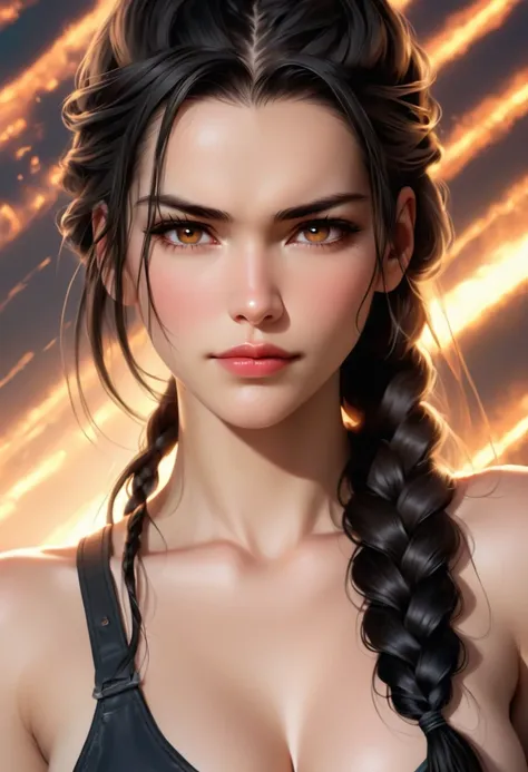 (( femterminatorcos )) a beautiful young woman with narrowed eyes, a smirk on her face, and long black braided hair, 1girl, deta...