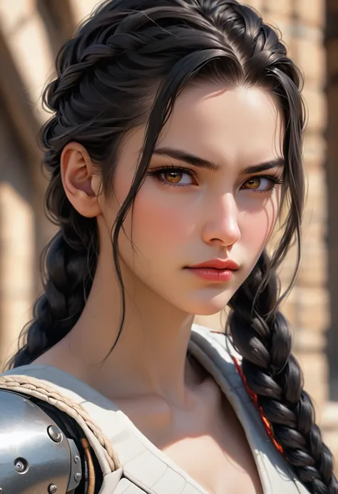 (( femterminatorcos )) a beautiful young woman with narrowed eyes, a smirk on her face, and long black braided hair, 1girl, deta...