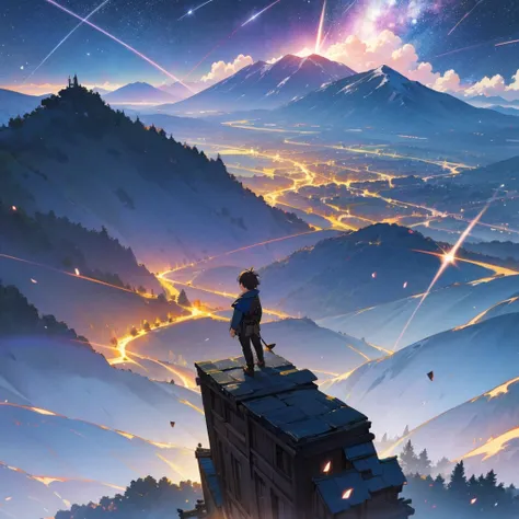 Village, montain, fantasy, boy, shooting star, landscape, 