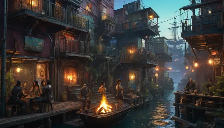 (best quality,4k,8k,highres,masterpiece:1.2),ultra-detailed,(realistic,photorealistic,photo-realistic:1.37) showing a Cyberpunk alley on a pirate island, (is dee Williams porn star with Riley Reed) in a gathering, watching a cat dance by a campfire, there ...