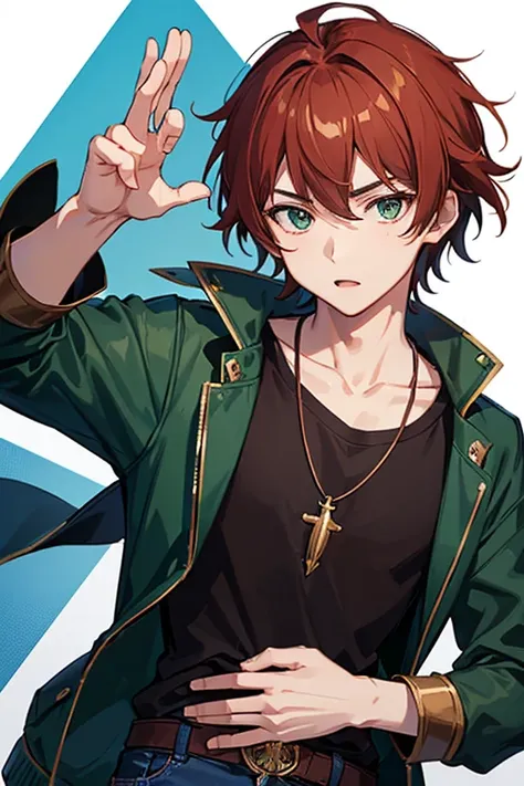 Kazuha from Genshin Impact, boy, 16 years old, reddish brown hair, green eyes, open black vest, blue t-shirt, necklace with a golden cross, blue jeans, looking in profile directly at viewer, white background