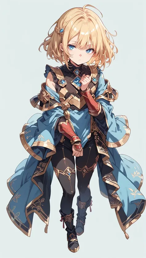 open stance, Black full-body armor, Shoulder rest, boots, gauntlet,, full body, 独奏, standing, femboy, young, medium Blonde straight hair, Blue eyes, (simple background:1.3)