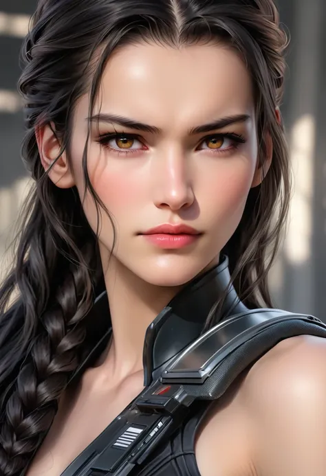 (((( femterminatorcos )))) a beautiful young woman with narrowed eyes, a smirk on her face, and long black braided hair, 1girl, ...