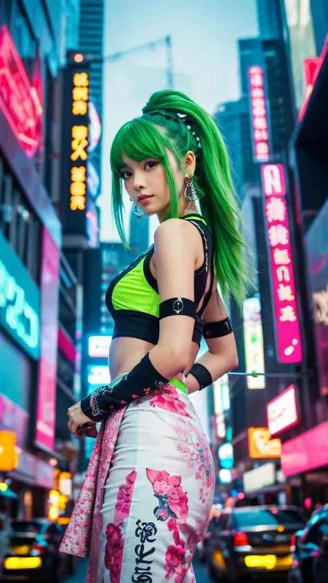 masterpiece, Highest quality, Wear unique Harajuku style clothing,The mint green colour stands out,Bold colors and patterns, Eye-catching accessories, Trendy and innovative hairstyles, Bright makeup, Dazzling cyberpunk cityscapes, Skyscraper, Neon Signs, L...