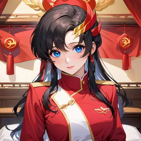 ((Highest quality)), ((masterpiece)), (detailed), （Perfect Face）、The woman is a Chinese Lacus Clyne with blue eyes and medium-long black hair. She is wearing an engagement ring. She has become a member of the glorious Chinese Communist Party and has sworn ...