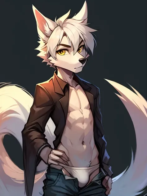 Male, arctic wolf, detailed yellow eyes, long tail, bartender, loose baggy jeans, slim, sly, simple background, white briefs